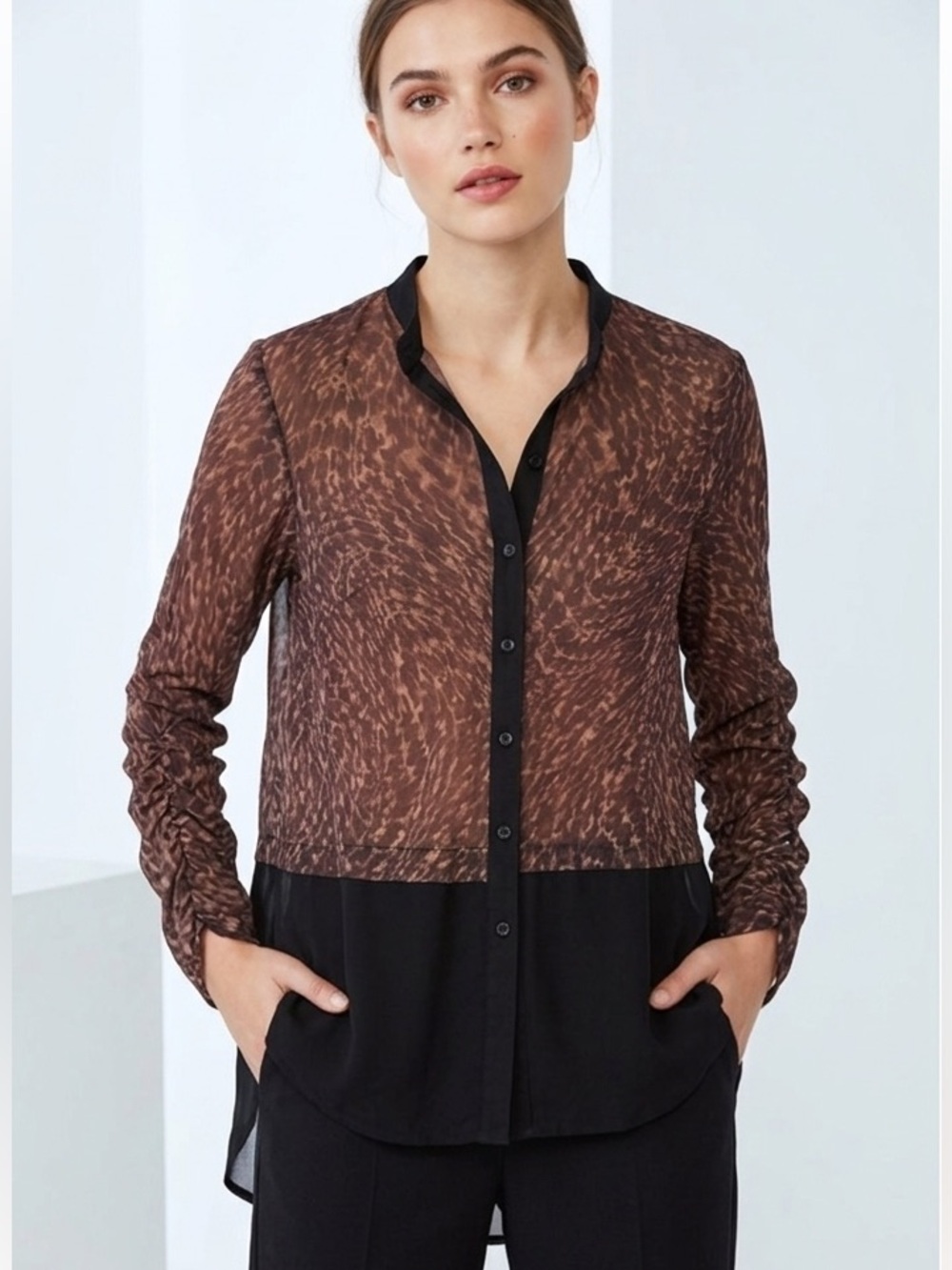 Unbranded black and brown cheetah leopard print chiffon long sleeve blouse